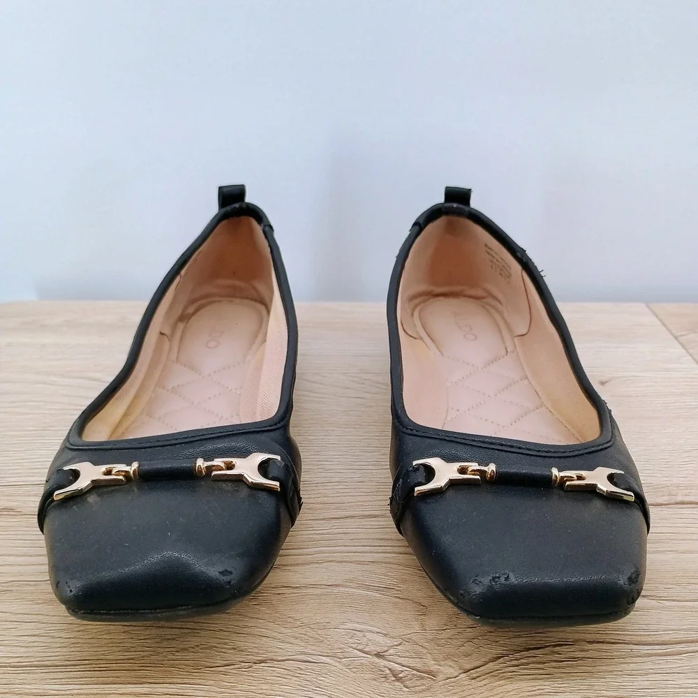 Aldo Womens Flex Size 6 Black Leather Gold Tone Bit Loafer Flat Casual Shoes
